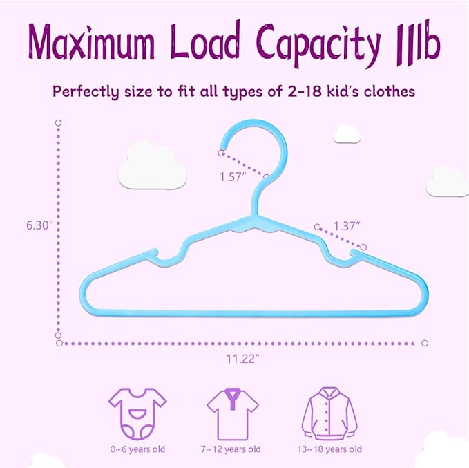 Baby Hangers for Closet 100 Pack Blue Plastic Kids Children's Clothes Hangers Non-Slip (Blue, 100)