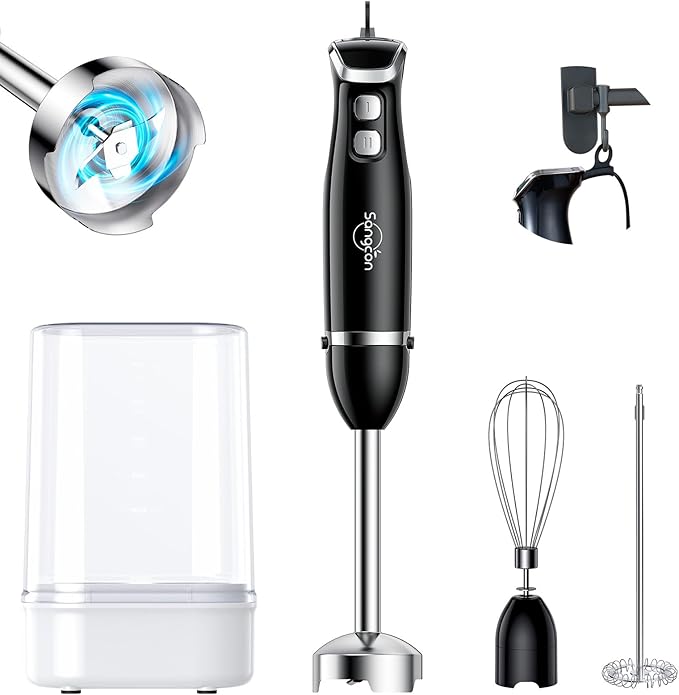 Sangcon 6-in-1 Immersion Blender Handheld, Hand Blender with Chopper & 34oz Blending Cup Storage Base, 2-Speed Adjustable Stick Blender,Stainless Steel Blades, Detachable Blender, Whisk, Milk Frother