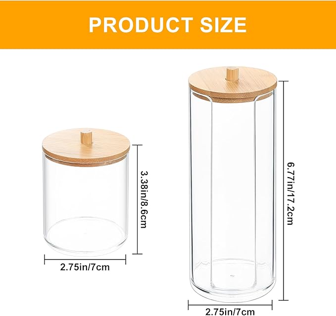 2 Pcs Qtip Holder, Cotton Pads Balls Dispenser Holders, Clear Cotton Swab Makeup Canister, Apothecary Jar Holder Organizer with Bamboo Lid for Bathroom Tabletop Vanity Makeup Storage Box