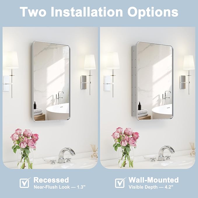 16x24 Inch Medicine Cabinet with Mirror for Bathroom, Silver Aluminum Bathroom Medicine Cabinet, Recessed or Wall Mount Medicine Chest Over Sink, Modern Farmhouse Style, Fully Assembled