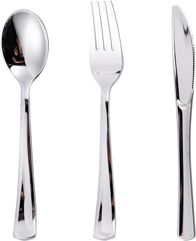 N9R 200PCS Silver Plastic Silverware, Disposable Utensils & Cutlery