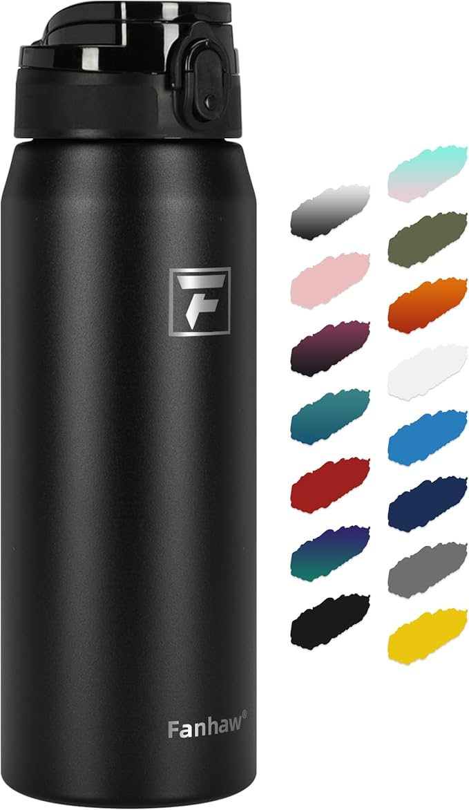 Fanhaw 24 oz Insulated Stainless Steel Water Bottle with Anti-Dust Chug Lid, Leakproof Vacuum Metal Bottle for Kids, Women & Men (Black)