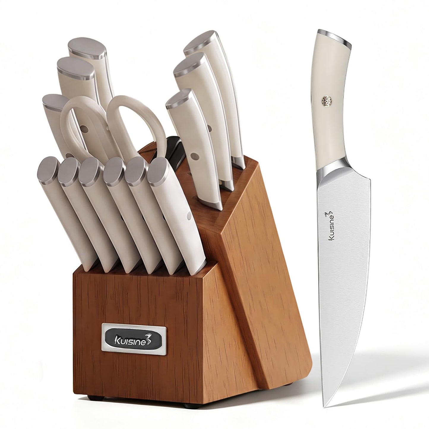 KUISINE Upgraded Chef Knife Set,High Carbon Stainless Steel Ultra Sharp Blade Ergonomic Handle,Kitchen Knife Block Set with Built-in Sharpener,Elegant Gift for Holiday(Silver Black,15PCS)