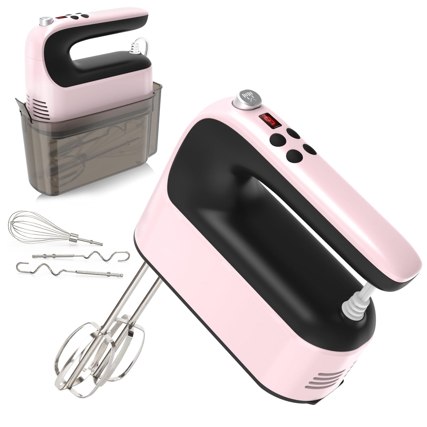 Yomelo 9-Speed Digital Hand Mixer Electric, 400W Powerful DC Motor, Hand Mixer Electric Handheld with Snap-On Storage Case, 5 Stainless Steel Accessories, Beaters, Dough Hooks, Whisk(White/Black)