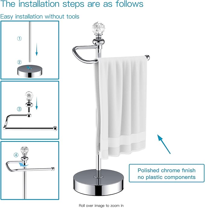 Bath Hand Towel Holder Standing, Stainless Steel Stable Free-Standing Towel Bar for Bathroom Kitchen Countertop, Rustic Towel Ring Stand with Crystal Ball 15.7” H (Polished Chrome, 2 Pack)