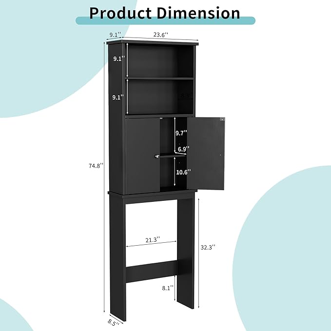Shintenchi Over The Toilet Storage Cabinet, Bathroom Above The Toilet Rack, Bathroom Adjustable Shelf Organizer with Open Bottom Bar and Anti-Tip Device, Black