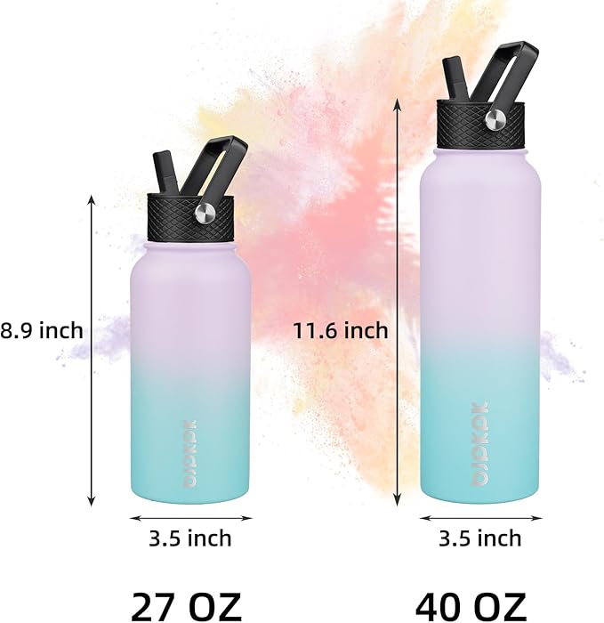 BJPKPK Insulated Water Bottles with Straw Lid, 40oz Stainless Steel Water Bottles with 3 Lids, BPA Free Leakproof Thermo, Tumblers, Cups for Sports, Gym- Lavender Green