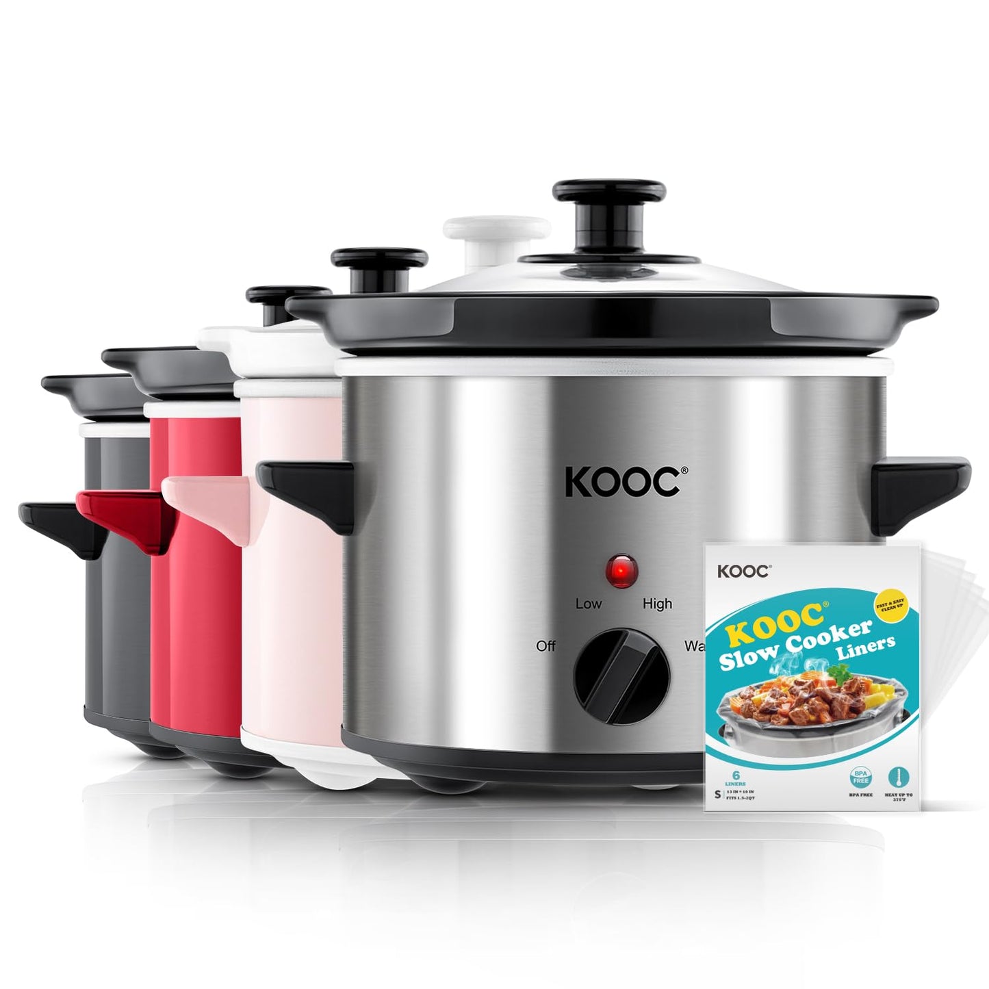KOOC 2QT Slow Cooker with Free Liners Included, Small Slow Cooker, Silver