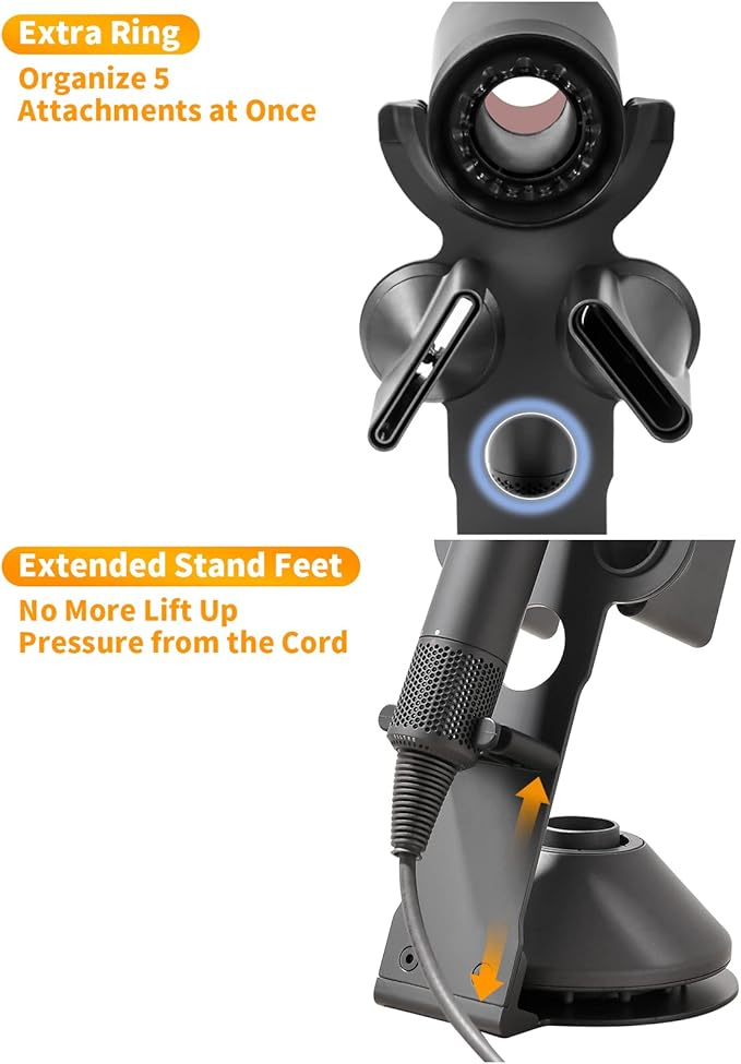 Hair Dryer Holder Stand for Dyson Hair Dryer, Upgraded Dyson Hair Dryer Holder Dyson Hair Dryer Stand Black to Store 5 Dyson Hair Dryer Attachments with Cable Hook