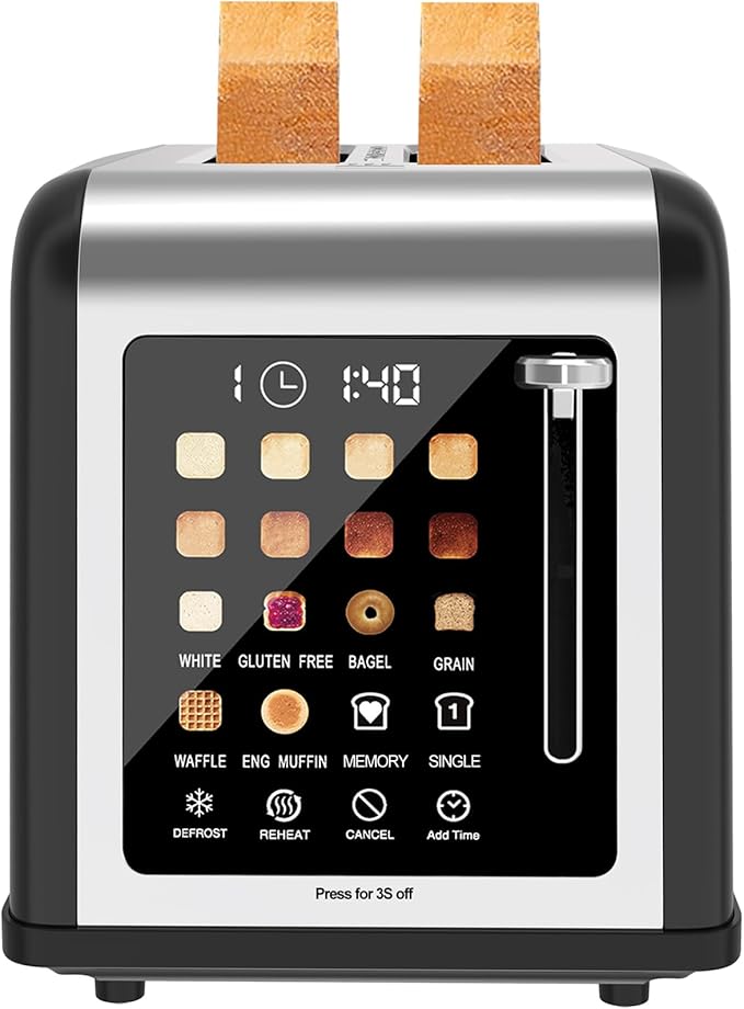 2 Slice Toaster Touch Screen, Stainless Steel Toasters Digital Timer 2 Slot Toasters, 8 Shade Settings 6 Bread Types for Bagel, Cancel, Defrost (Grey)