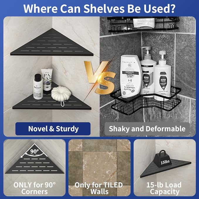 Corner Shower Shelf, 12" Matte Black 304 Stainless Steel Slot Design Recessed Corner Shelves 2 Pack Bathroom Grout in Shelf for Tiled Wall, Large Size