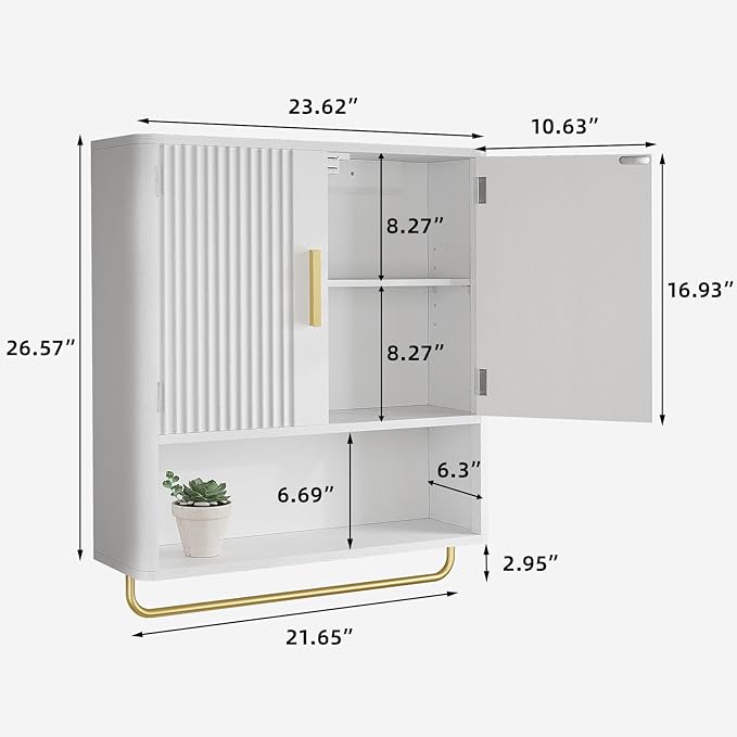 Bathroom Cabinet Wall Mount with Fluted Door Panel & Adjustable Shelf, Medicine Cabinet with Open Partition and Towel Bar, Wall Storage Cabinet for Laundry Room & Kitchen (White)