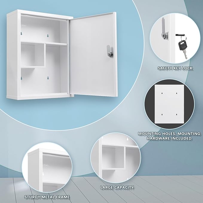 KYODOLED Wall Mount Locking Medicine Cabinet, Large Capacity First Aid Cabinet for Bathroom, Medicine Cabinet with Key, Secure Steel Lock Box for Medication, 15.75" H x 11.82" W x 4.72" D, White
