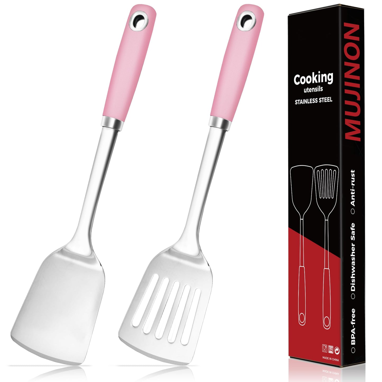 MUJINON 14-in Spatula Set, 18/0 Stianless Steel Heavy Duty Turner & Slotted Spatula, Kitchen Cooking Utensils Set, High Heat Resistant, Grilling Frying Serving Food, Pack of 2