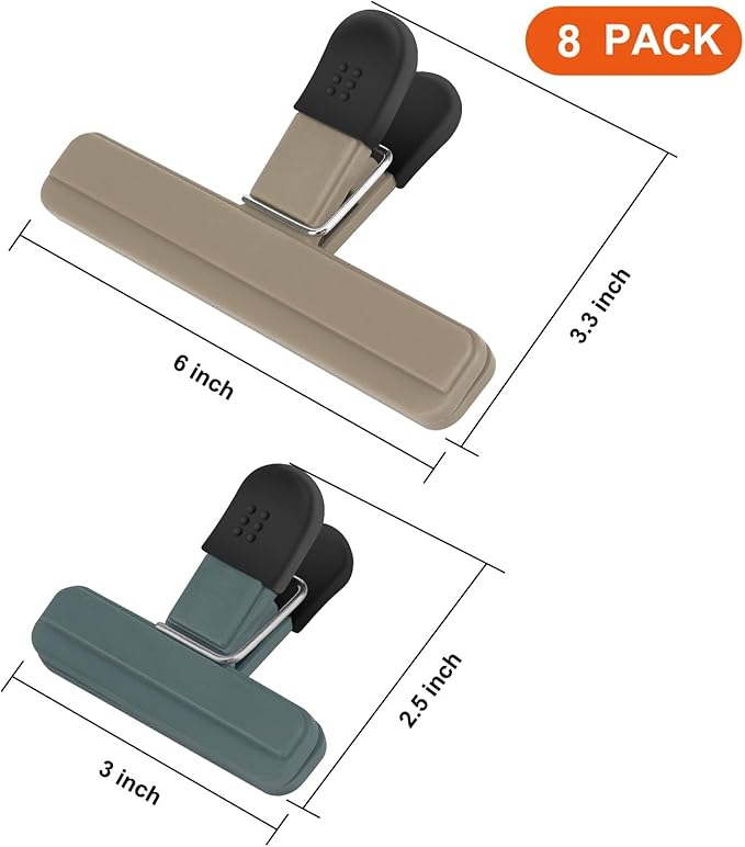 TACGEA Chip Clips, 8 Pack Food Clips, Upgrade Wide Open Bag Clip for Food Storage with Air Tight Seal Grip Neutral Color (4 x L, 4 x S)