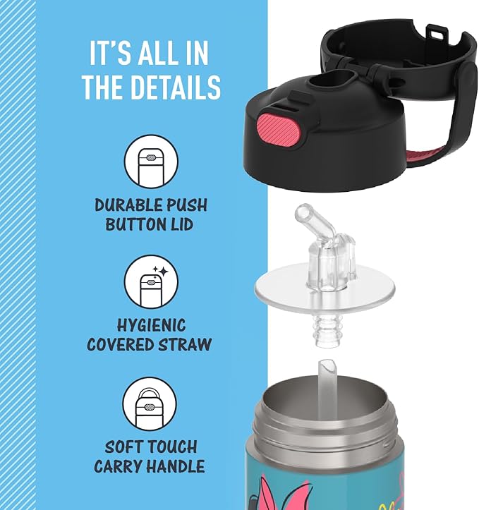 THERMOS FUNTAINER Water Bottle with Straw - 12 Ounce - Kids Stainless Steel Vacuum Insulated Water Bottle with Lid, Minnie Mouse
