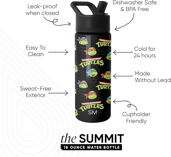 Simple Modern Kids Summit Water Bottle with Straw Lid | Teenage Mutant Ninja Turtles 18oz Stainless Steel Cu Insulated Tumbler for Boys, School | TMNT Turtles Unite