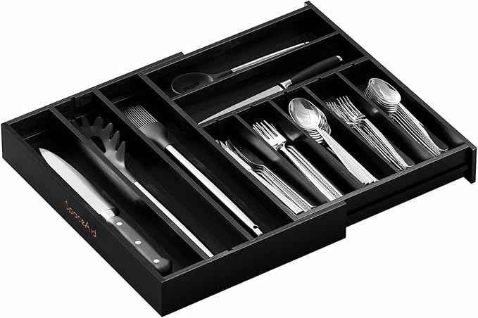 SpaceAid 2.5" High Bamboo Silverware Drawer Organizer with Labels, Kitchen Utensil Expandable Tray Holder for Flatware, Cutlery, Spoon and Knives Drawer Storage Organization (White)