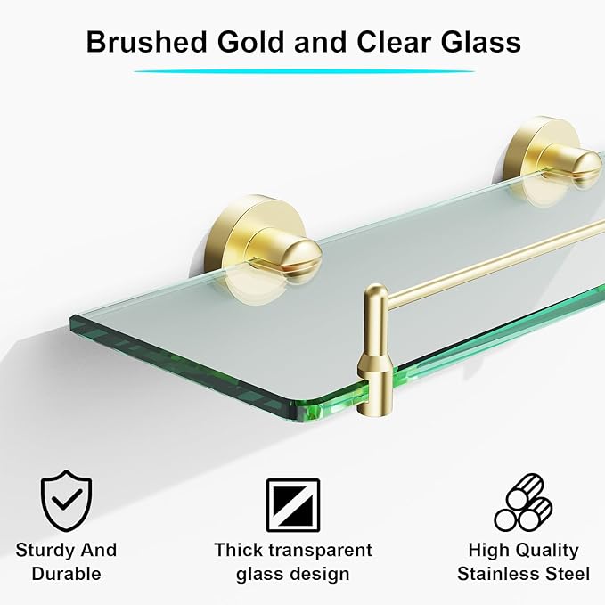 Glass Bathroom Shelves,Brushed Gold Floating Shelves for Wall Rectangular Modern Stainless Steel Glass Shelf for Bathroom Shelves Wall Mounted 16 Inch