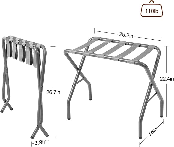 AMHANCIBLE Luggage Rack, Foldable Suitcase Stands Set of 2, Metal Luggage Holder for Guest Room, Bedroom, Hotel, Holds up to 110 lb, Easy Assemble, Grey,HLR01GY