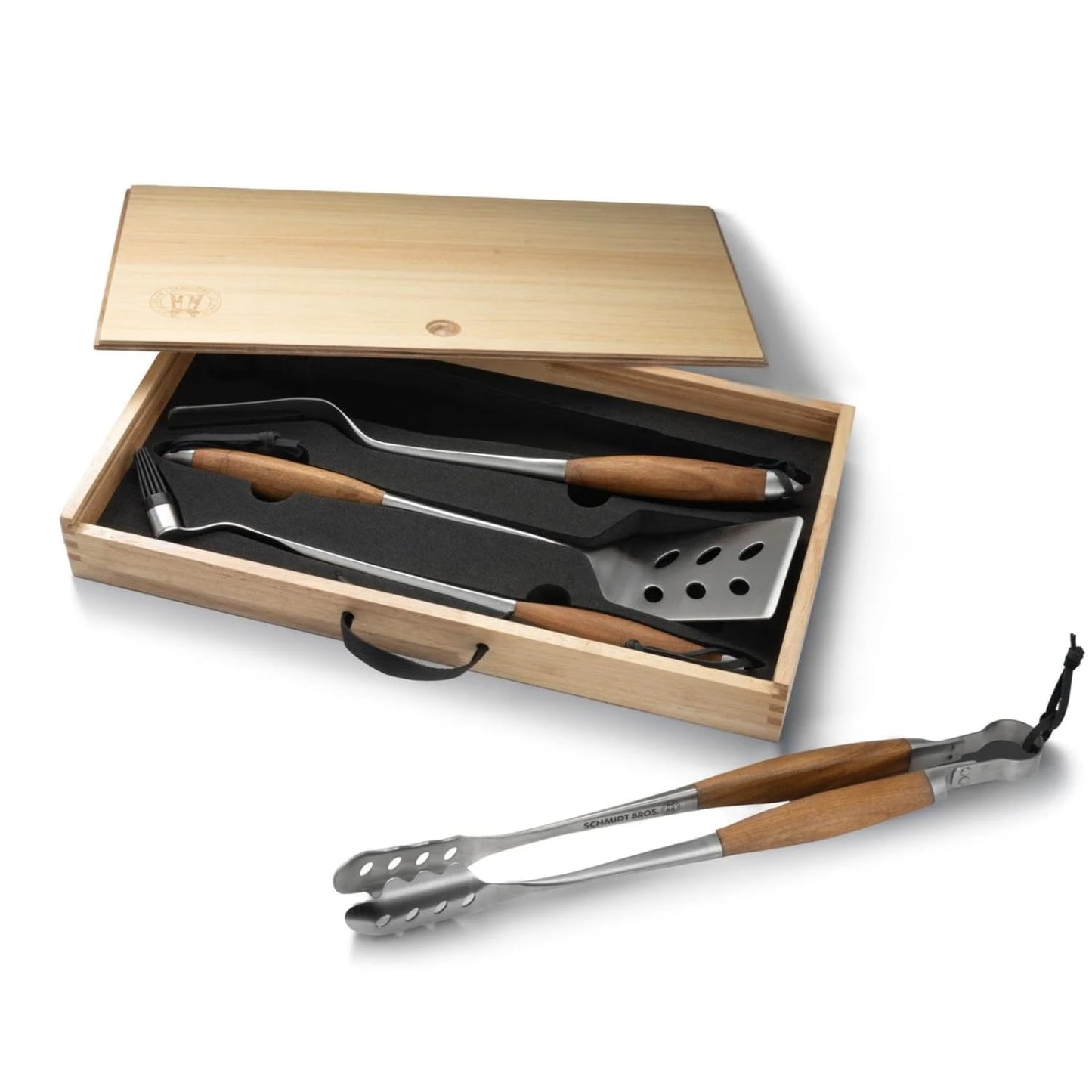 Schmidt Brothers - BBQ Bonded Teak 4 Piece Grilling Accessory Set, Full-Forged Stainless Steel Grilling Utensils Including Spatula, Fork, Basting Brush, and Tongs with All Wood Handles