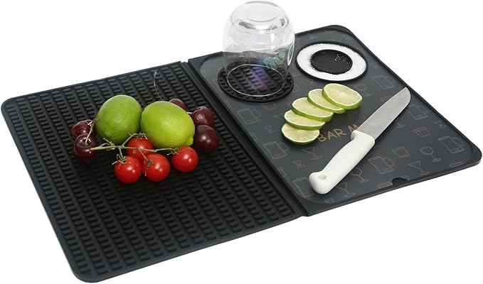 Foldable Bar Mat 18x12 inch - 3-in-1 Silicone Drying Mat with Removable Cutting Board & Rim Tray | Countertop Protector for Home, Outdoor, Travel | Professional Cocktail Accessories (green)