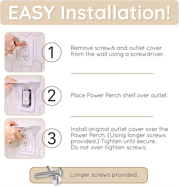 BeraTek Power Perch Wall Outlet Shelf | Declutter & Reclaim Counter Space | Bedroom & Bathroom Organizing Shelves | Alexa Echo Dot Holder, Router Shelf, Holds Electric Toothbrush | Almond, 2-Pack