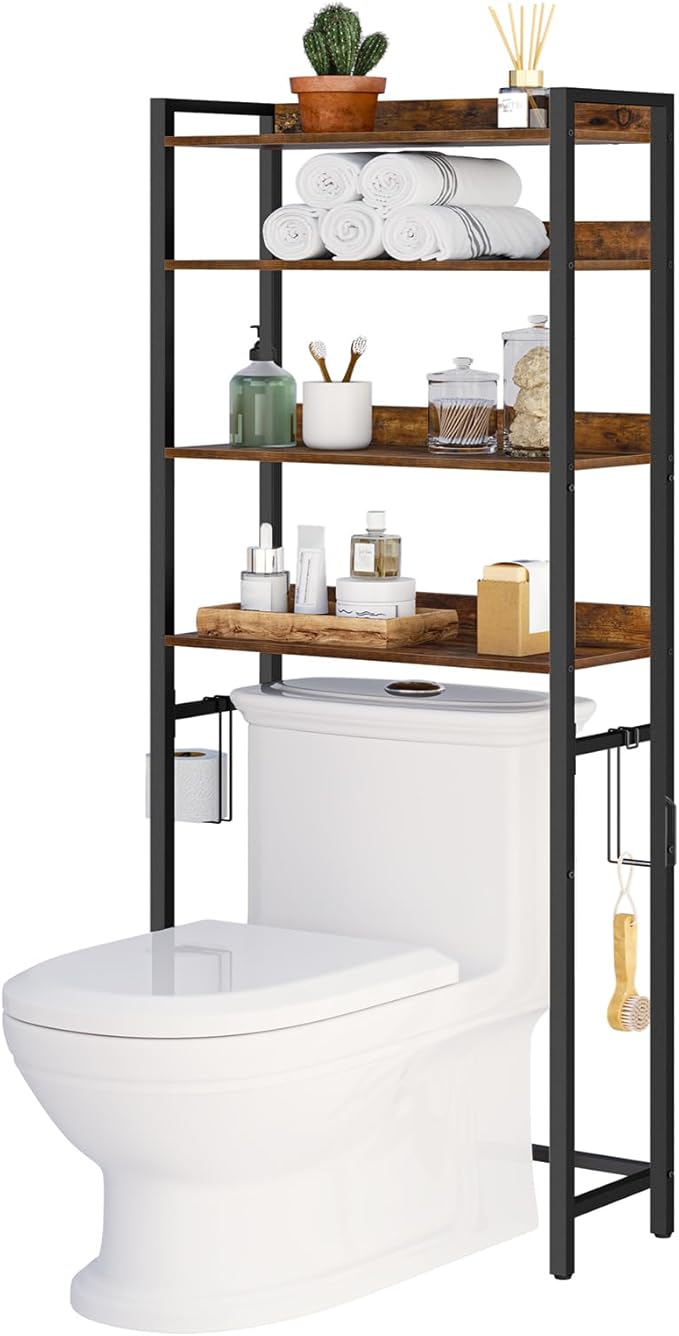 Over The Toilet Storage Rack, 4 Tier Bathroom Organizer Over Toilet, Freestanding Space Saver Toilet Stand with 2 Hooks, Bathroom Storage Shelf, Easy to Assemble, Rustic Brown TSHR0401Z