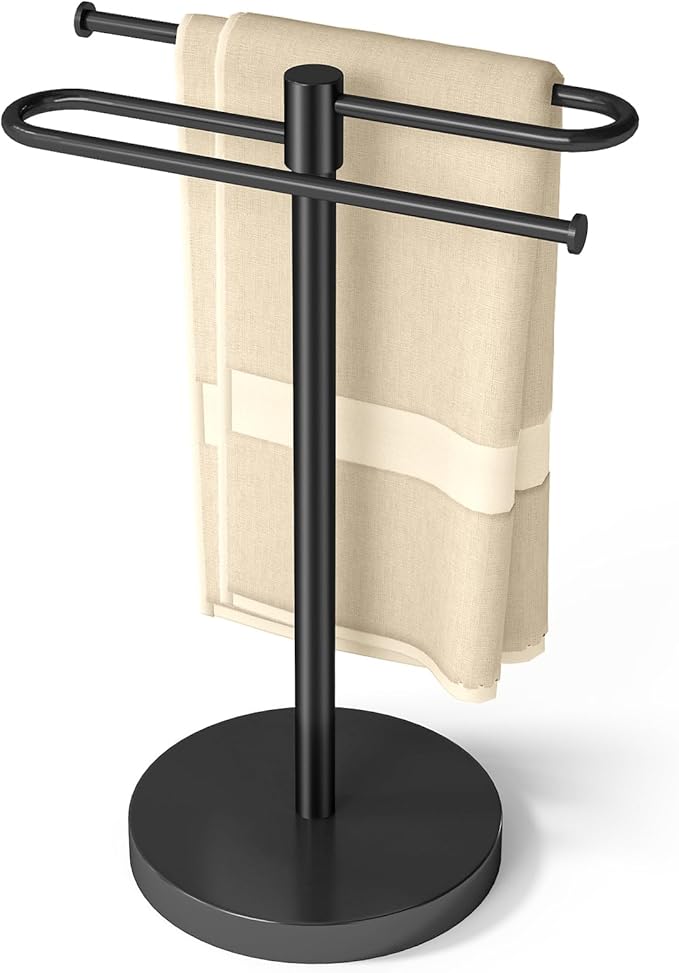 Hand Towel Stand, Stainless Steel Towel Holder for Bathroom Countertop, 15.2 Inch S-Shape Weighted Base Standing Hand Towel Rack Bar Holds 2 Towels for Kitchen Vanity, Black