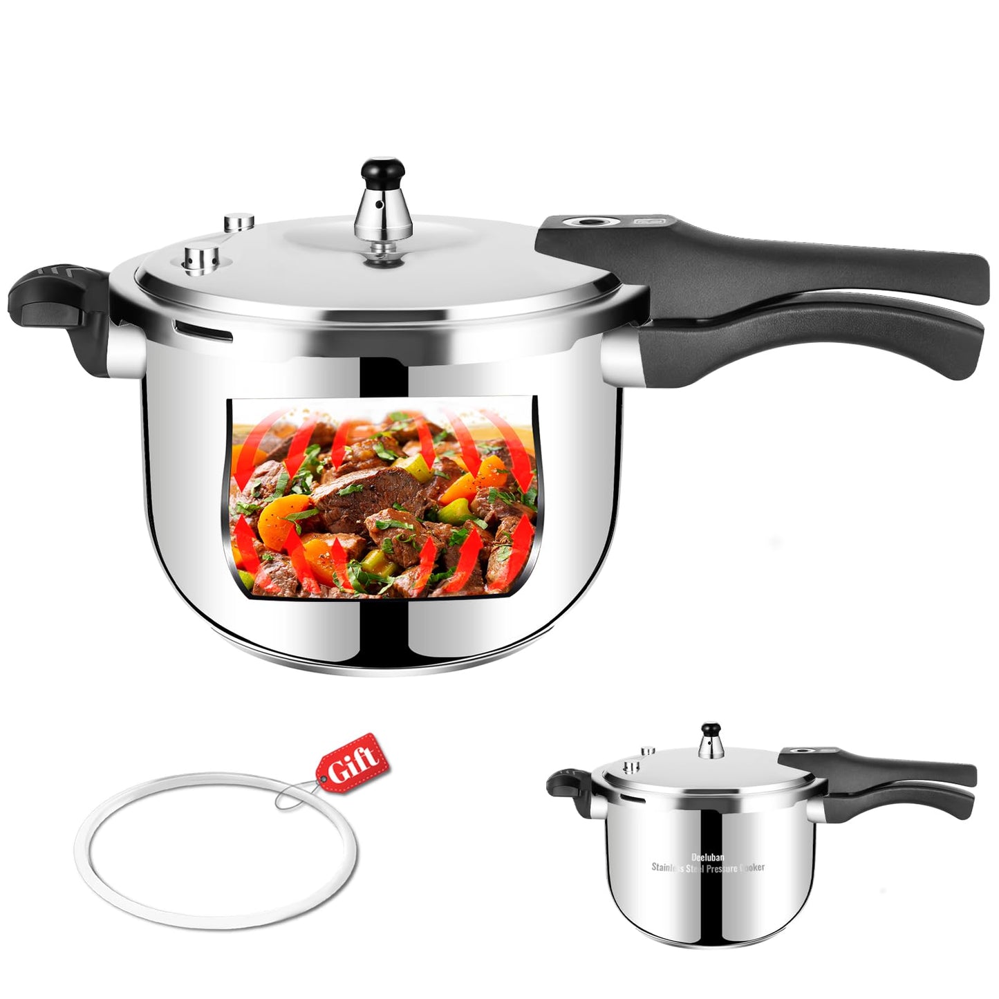Stainless Steel Pressure Cooker 10 Quart All Stovetops Induction Compatible Food Grade Heavy Duty Multi Safety System Durable Body Handle for Home and Commercial Use, Deeluban