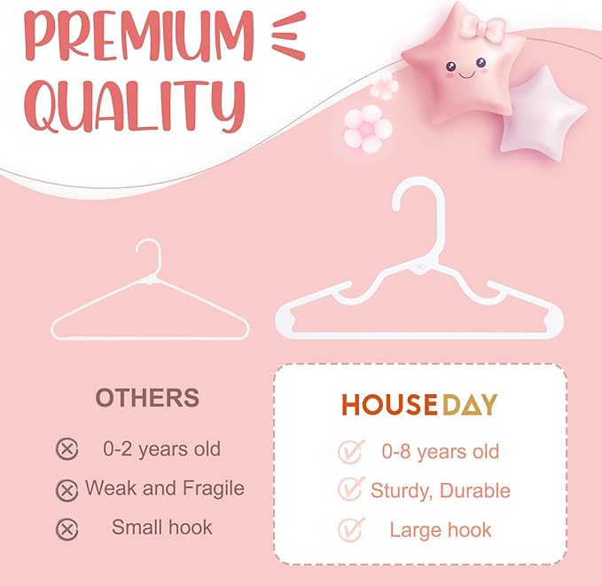 HOUSE DAY Plastic Baby Hangers for Closet 20 Pack, Durable Plastic Kids Hangers for Baby Clothes, Thin & Compact Childrens Hangers, Space Saving White Baby Hanger, Small Hanger for Kids Clothes