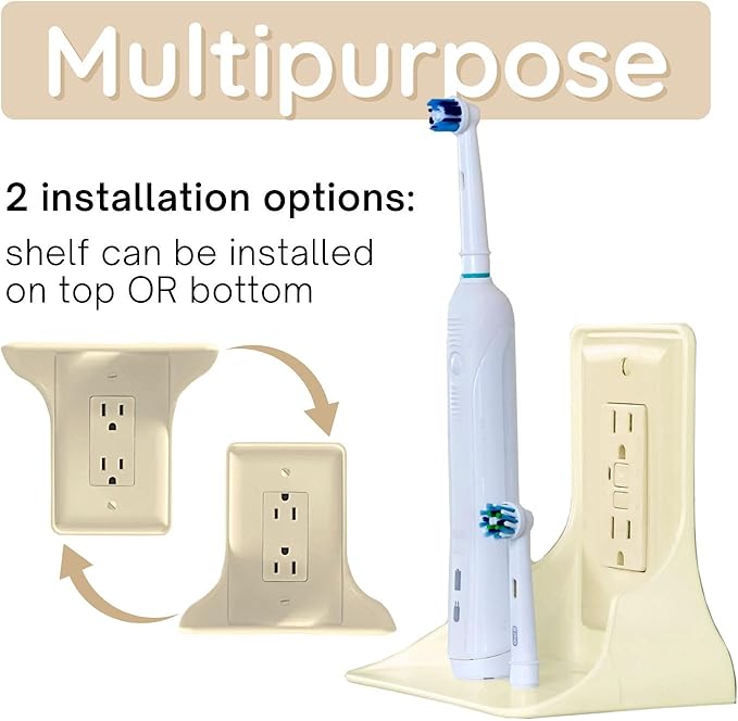 BeraTek Power Perch Wall Outlet Shelf | Declutter & Reclaim Counter Space | Bedroom & Bathroom Organizing Shelves | Alexa Echo Dot Holder, Router Shelf, Holds Electric Toothbrush | Almond, 2-Pack