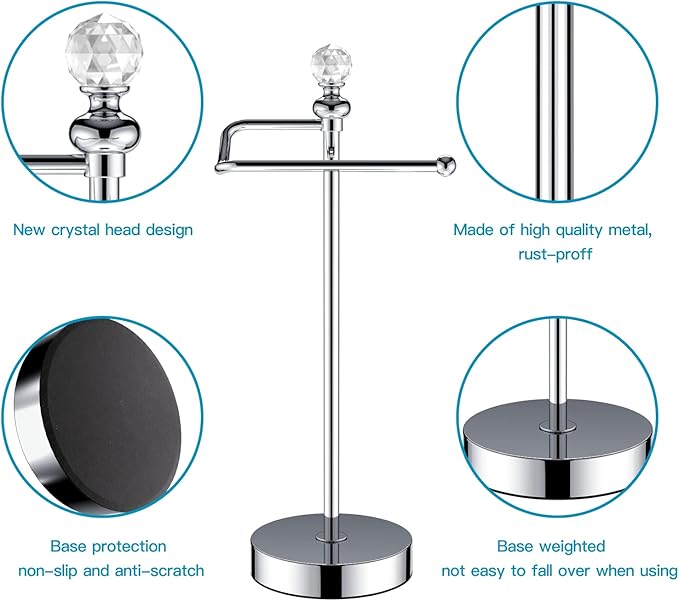 Heavy Weighted Towel Holder (with Crystal Ball) Standing Towel Holder - Total Height 15.7'' for Kitchen, Bathroom, Vanity - Classic Decorative Metal Hand Towel Stand, Polished Chrome