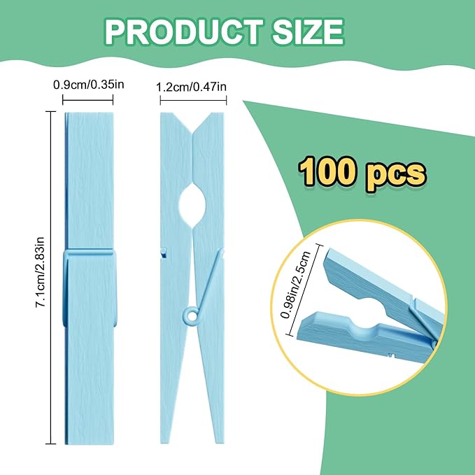 100Pcs Clothes Pins Wooden, 2.9 Inch Colored Clothespins for Crafts, Blue Colorful Clothespins for Hanging Clothes Picture Turquoise Blue