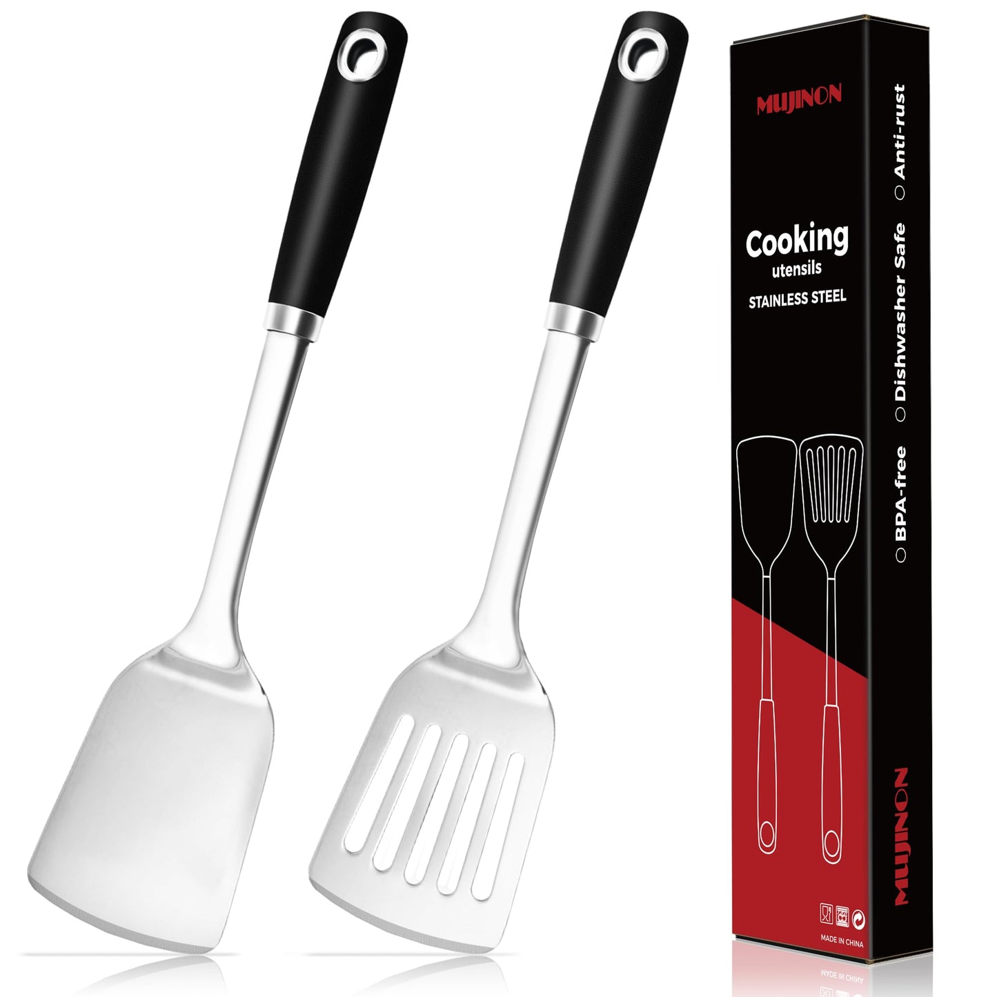 MUJINON 14-in Spatula Set, 18/0 Stianless Steel Heavy Duty Turner & Slotted Spatula, Kitchen Cooking Utensils Set, High Heat Resistant, Grilling Frying Serving Food, Pack of 2