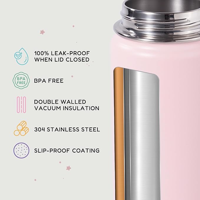 12oz Water Bottle with Straws, Stainless Steel Vacuum Insulated Water Bottle Leak-Proof, BPA-Free, Purple + Pink