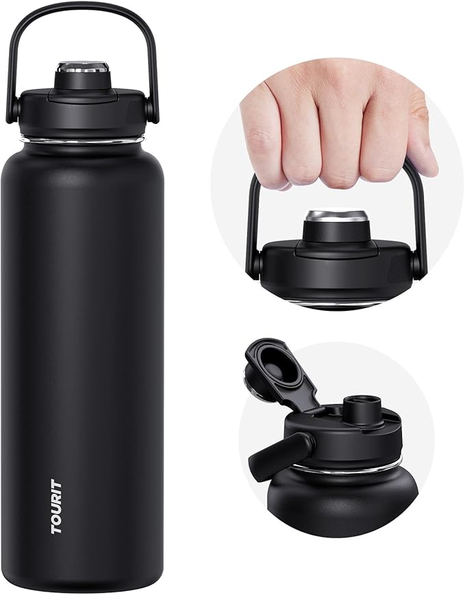 TOURIT 24 oz Insulated Water Bottle, Stainless Steel Sports Water Bottles With Top Handle, Double-Wall Travel Thermal Water Flask, BPA Free Leakproof Water Bottle for Sports and Travel, Black