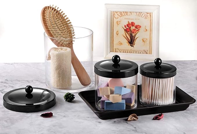 SheeChung 3-Pack Plastic Apothecary Jars with Black Metal Lids - Large 50oz, 25oz & 15oz Clear Acrylic Storage Set - Shatterproof Bathroom & Laundry Room Organizer - Modern Farmhouse Decor