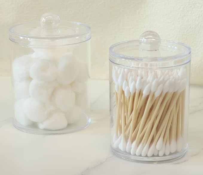 2 Pack Acrylic Qtip Holder Dispenser,Canisters Apothecary Jar Set, Vanity Makeup Bathroom Organizers and Storage Set, 10 and 12 oz