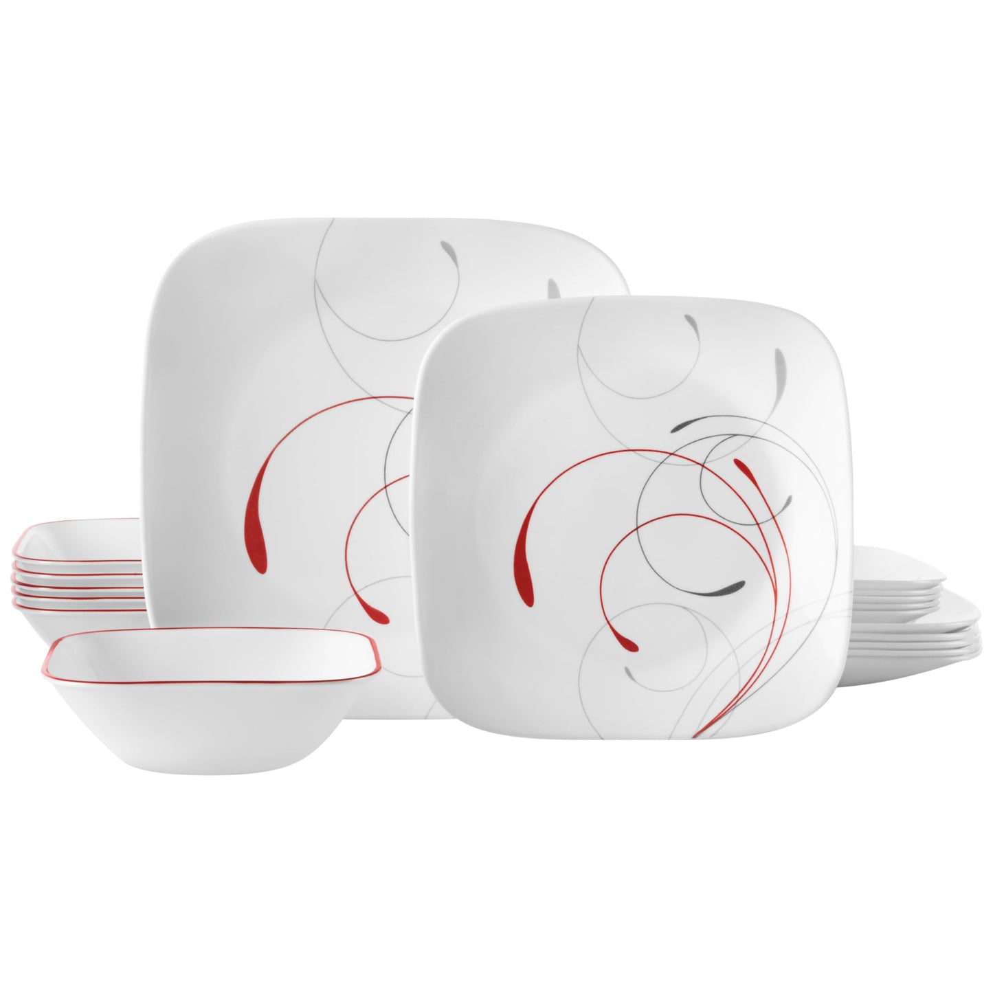 Corelle Vitrelle 18 Piece Glass Dinnerware Sets Rectangular Square Plate and Bowl Set Service for 6, Triple Layer Chip & Crack Resistant Glass Plate and Bowl Sets, Wandering Grove