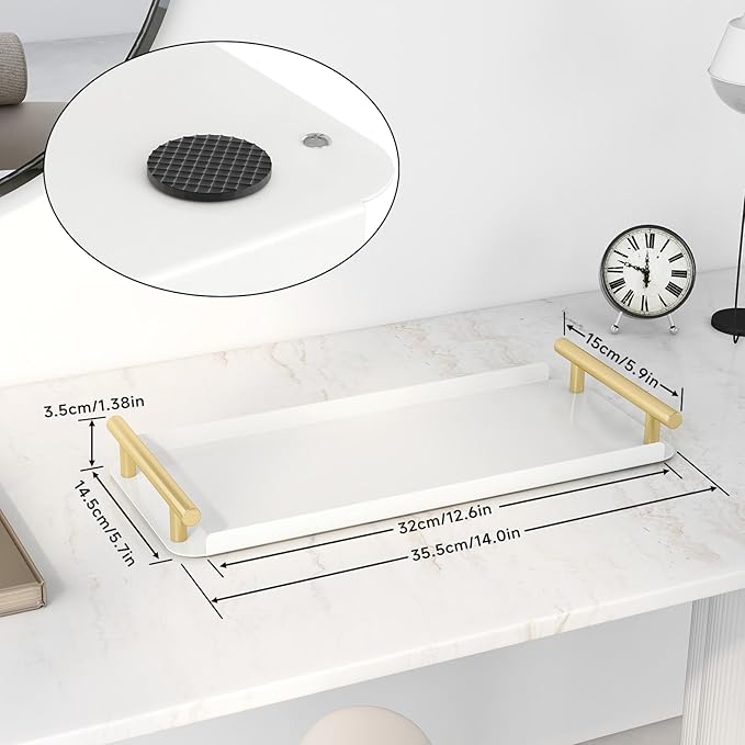 Toilet Paper Basket, Stainless Steel Tank Tray with Handle for Organizing - Toilet Paper Basket Storage for Tank, Bathroom, Kitchen Counter (White+Gold)
