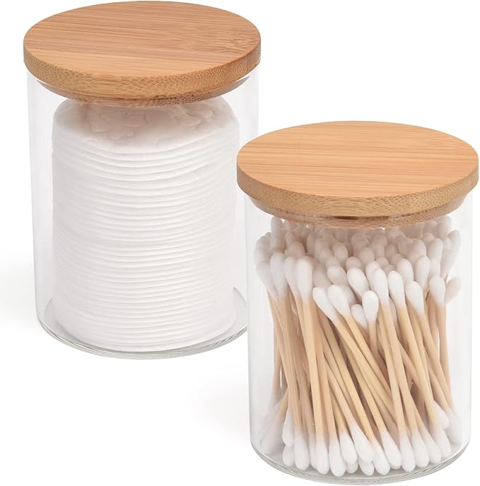 2 Pack Glass Qtip Holder Dispenser Set - Apothecary Jars with Lids - Vanity Makeup Organizer and Bathroom Canister Storage Organizer for Cotton Ball, Swab, Round Pads,Floss