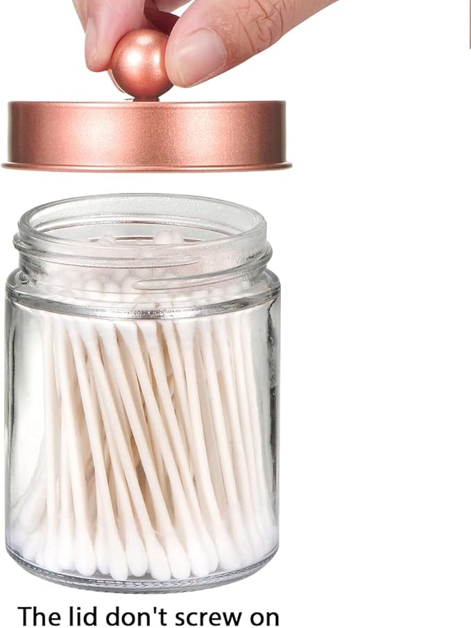 Amolliar Apothecary Jars Bathroom Storage Organizer -Countertop Storage Organizer Canister - Attractive Qtip Dispenser Holder Glass with Lid- for Cotton Swabs,Bath Salts,Hair Band / 2-Pack(Rose Gold)