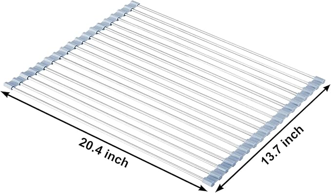 MECHEER Over The Sink Dish Drying Rack, Roll Up Dish Drying Rack Kitchen Dish Rack Stainless Steel Sink Drying Rack, Foldable Dish Drainer, Gray (20.4''x13.7'')
