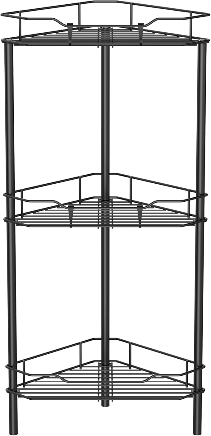 3 Tier Floor Standing Corner Shower Caddy Organizer Shelf with Hooks, Bathroom Shelves Stand Rack, Black