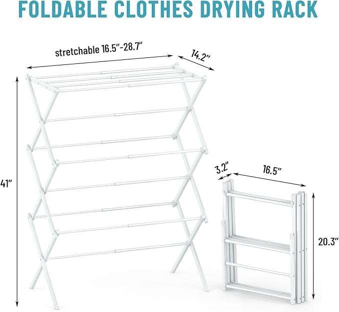Clothes Drying Rack Foldable, 3-Tier Laundry Drying Rack Clothing Use for Indoor & Outdoor Antirust Foldable Drying Racks White 14" D x 28.7" W x 41" H