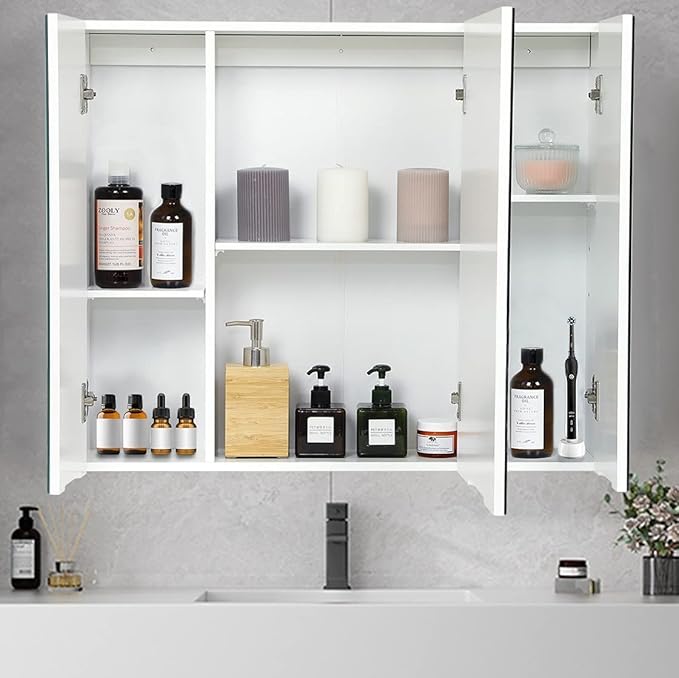 DICTAC Medicine Cabinet Bathroom Mirror Cabinet with 3 Door 27.6x23.62 Inch Bathroom Wall Cabinet with Mirror Wall Mirror Storage Shelf with 3-Adjustable Shelves Storage Organizer Cupboard,White