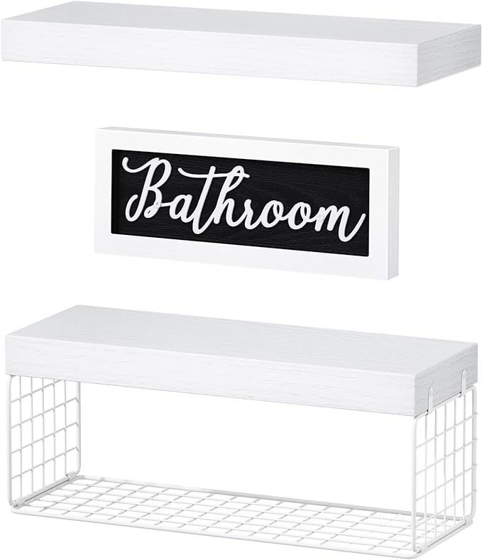 QEEIG ‎Bathroom Shelves Over Toilet - Paper Storage Wall Mounted Farmhouse Decor Decorations Aesthetic Décor Sign Small Floating Shelf 2+1 Set 16 inch, White (020WW)
