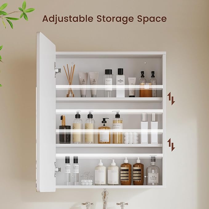 TEENFON Medicine Cabinet Mirror with 2 Adjustable Shelves, Bathroom Mirror with Storage, Recessed or Wall Mount Bathroom Cabinet, White UNGGX004W