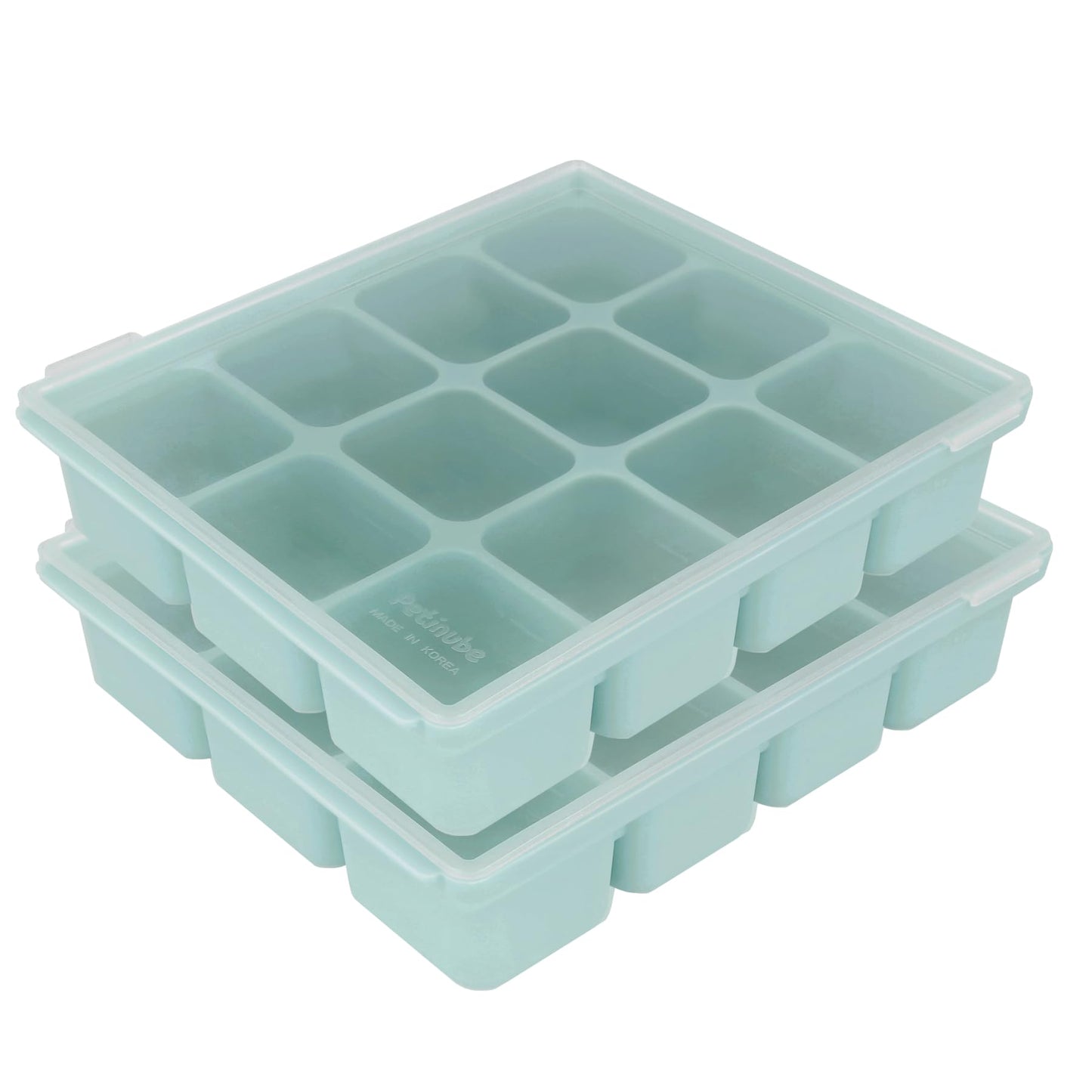 PETINUBE Silicone Freezer Tray, Baby Food Storage Cubes with Clip-On Lid, Freeze Baby Food, Soups, Purees, Ice, Easy and Safe Design, Made in Korea (12, Celadon Green)
